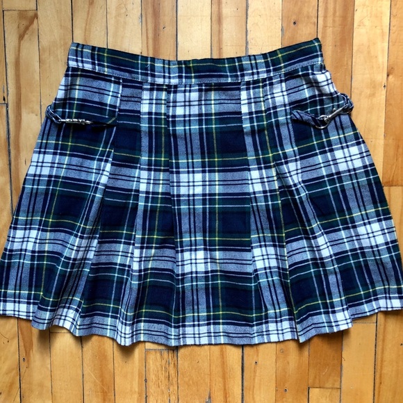 Vintage Dresses & Skirts - 90s Y2K Pleated Green Blue Plaid Mini Kilt Skirt Punk Grunge